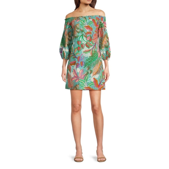 Vince Camuto Off The Shoulder 3/4 Bubble Sleeve Shift Dress:Aqua Tropical:Size-6 - Picture 8 of 8